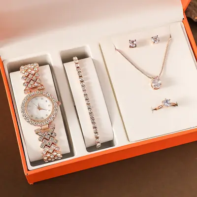 Women's Diamond Scale Steel Watch Bracelet Earrings Ring Necklace Set