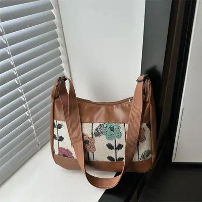 Women's Floral Embroidered Shoulder Bag Brown 2024