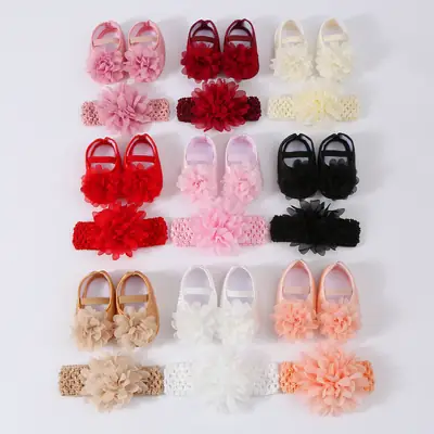 Big Flower Princess Shoes Hair Strap 0-6-12 Months Girls Princess Shoes Newborn Baby Shoes Soft Sole Baby Shoes Headwear