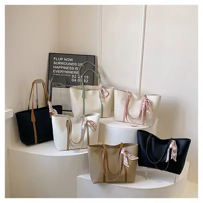 Black Korean Style Ribbon Tote Bag for Women