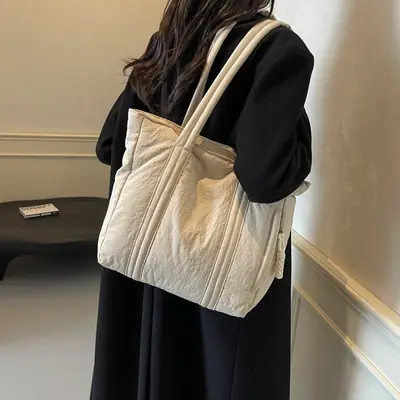 Multi-Pocket Zipper Commuter Tote Bag Beige Thick Nylon