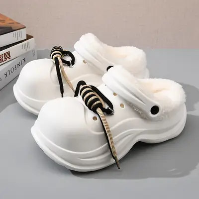 Women's Fleece Lined Cotton Slippers White Thick Strap