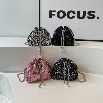 Sequins Bucket Bag Women 2024 High-end Chain