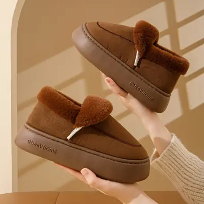 Winter Cotton Slippers Women Brown Non-Slip Thick Sole