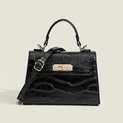 Black Croc Leather Shoulder Bag for Women 2026