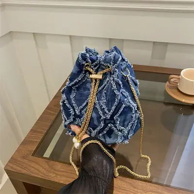 Navy Blue Drawstring Bucket Bag for Women