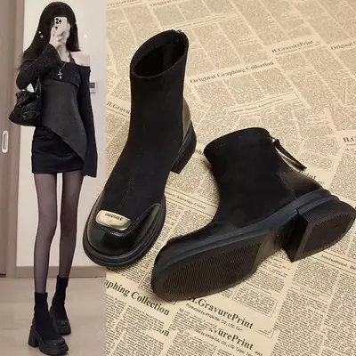 Women Thick Sole Boots Fleece Lined Black
