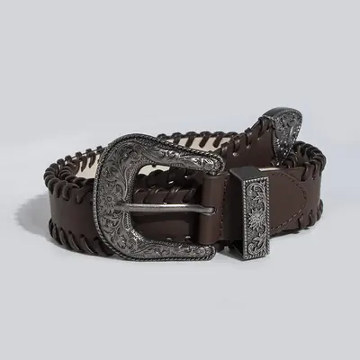2024 Women's Retro Brown Threaded Belt with Silver Buckle