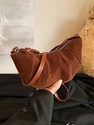 Women Retro Underarm Bag Brown Croc Stitched Shoulder Messenger