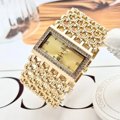 Gold Square Diamond Watch with Roman Dial & Wide Bracelet