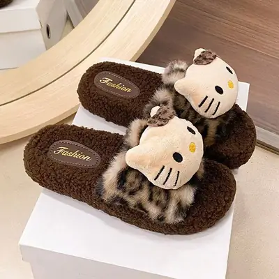 Cute Leopard Print Cat Fur Slippers for Women 2025 New Autumn and Winter Home Indoor Non-Slip Supermarket Wholesale Cotton Slippers