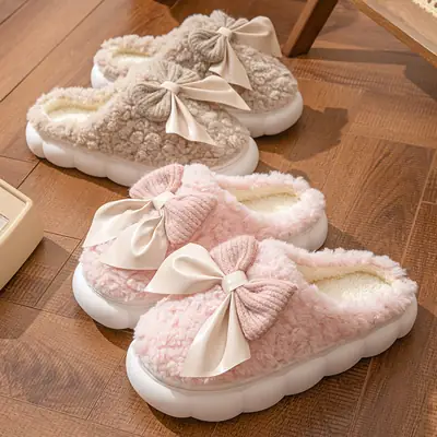 Women's Double Pin Bow Cotton Slippers Winter Warm