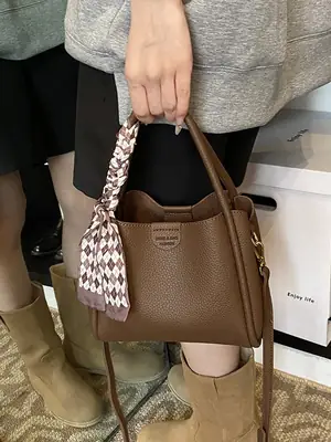 Brown Lychee Textured Shoulder Bag with Tassel