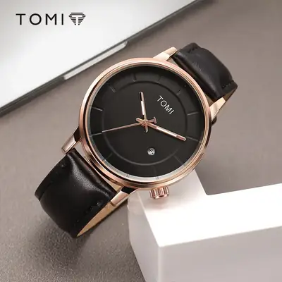 Tomi Women's Black Leather Watch with Rose Gold Dial