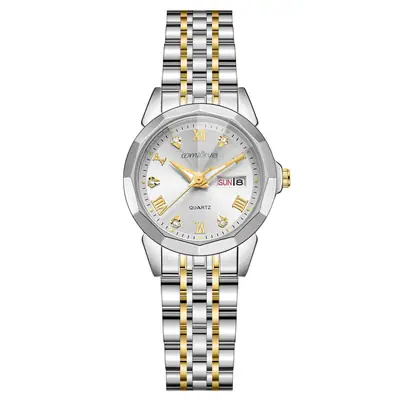 Women's Stainless Steel Quartz Watch with Large Dial & Dual Calendar