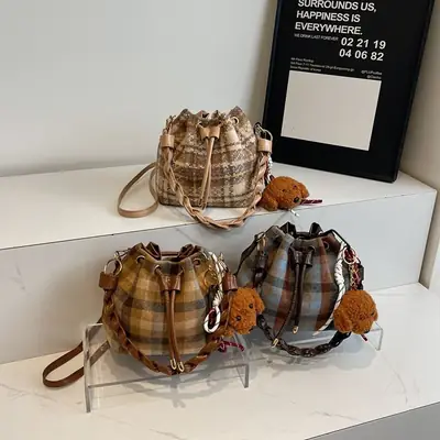 Women Plaid Drawstring Bag 2024 Autumn Crossbody