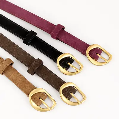 Women Suede Belt 100cm Gold Buckle Black