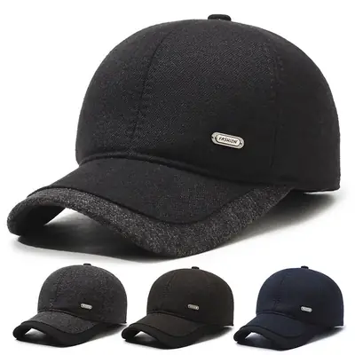 Men's Fleece Lined Black Baseball Cap with Logo