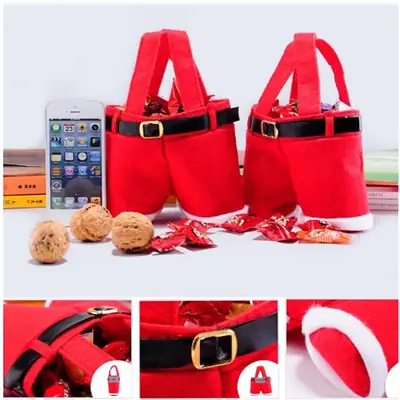 Red Cross Border Christmas Gift Bags Santa Pants Shape Tote