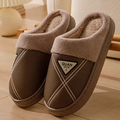 Men's cotton slippers PU leather warm 2024 new autumn and winter non-slip EVA thick bottom waterproof slippers women's winter