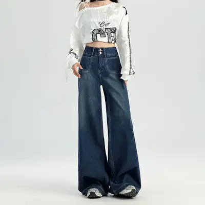 Dark Blue Wide Leg Jeans Women 2024 Casual