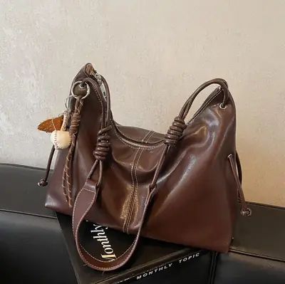 Retro Brown Leather Shoulder Bag for Women 2024
