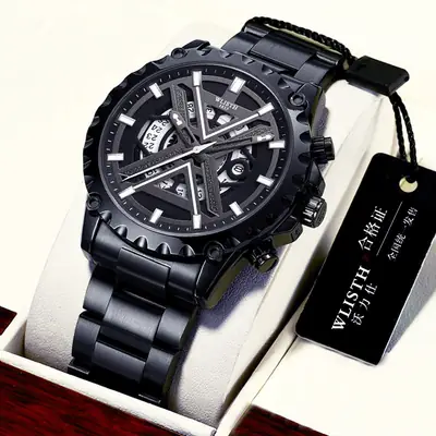 Men's Black Quartz Waterproof Watch with 3 D Display
