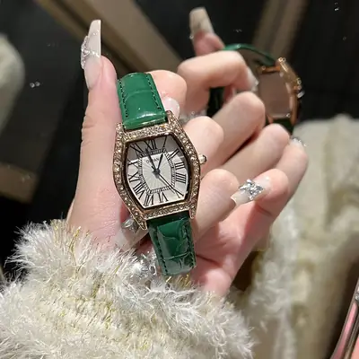 Swiss Style Women's Watch with Black Leather Strap & Diamond Accents