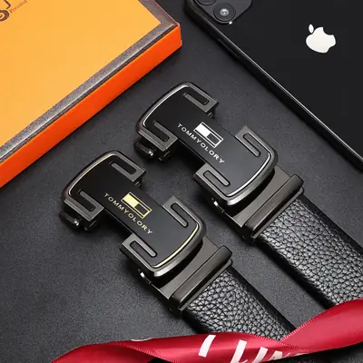 Men's Black Leather Belt with Automatic Buckle