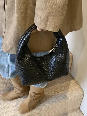 Red Embossed Women's Shoulder Bag with Woven Texture