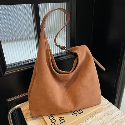 Black Suede Shoulder Bag with Zip Closure