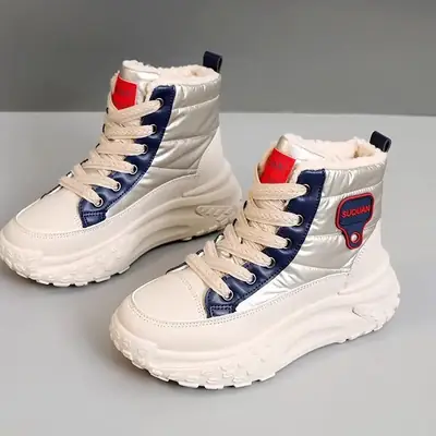 Women's Thick Plush Winter Sneakers White Blue