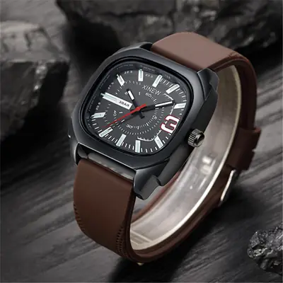 Men's Black Square Quartz Watch with Brown Silicone Band