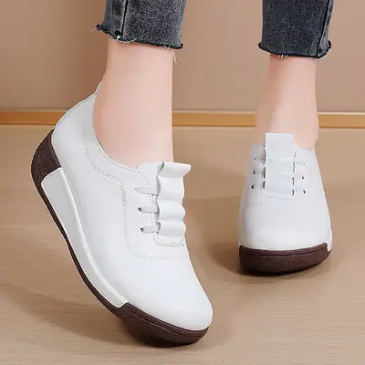 Women's White Wedge Sneakers with Brown Sole
