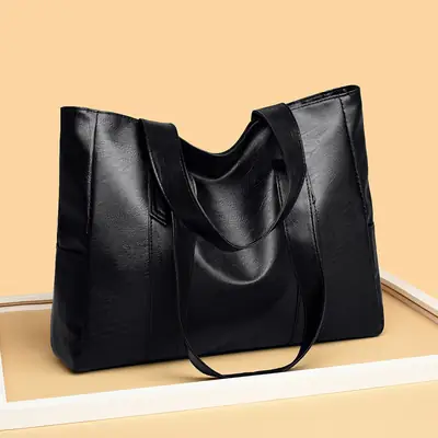 Black PU Leather Tote Bag for Women Large Capacity