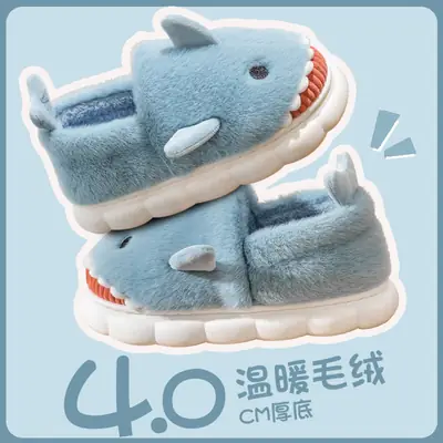 Blue Shark Cartoon Cotton Slippers for Women Winter Indoor