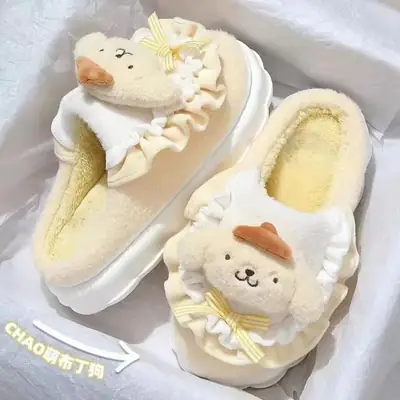 Sanrio Pudding Dog Cotton Slippers Women's Autumn and Winter Flat Heel Cotton Shoes Home Dormitory Female Students Thickened Warm Cotton Slippers