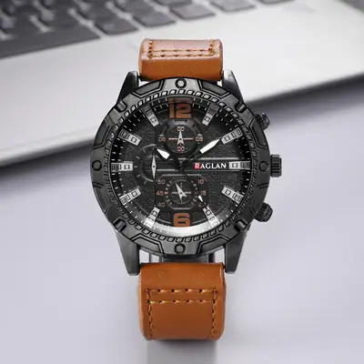 Men's Green Leather Watch with 3 Eyes Quartz & Large Case