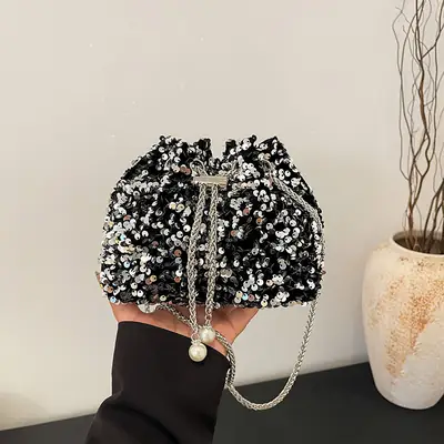 Black Sequin Chain Crossbody Bag for Women
