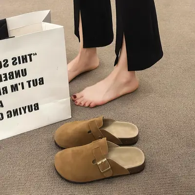 Women Brown Suede Slip-On Mules with Buckle