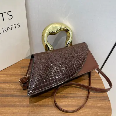 Brown Croc Leather Shoulder Bag with Gold Clasp