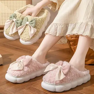 Cotton Slippers Women's Autumn and Winter Moon Indoor Home Non-Slip Thick Bottom Shit-Treading Bowknot Wool Plush Cotton Slippers