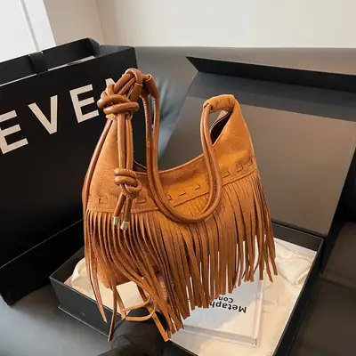 Women's Frosted Tassel Shoulder Bag Brown 2024