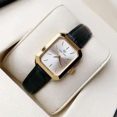 Women's Black Leather Strap Gold Plated Square Watch