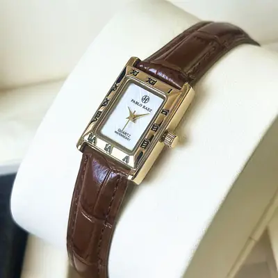 Square Watch for Women Gold Quartz Brown Leather Band