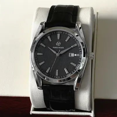 Men's Waterproof Black Dial Analog Watch with Leather Strap