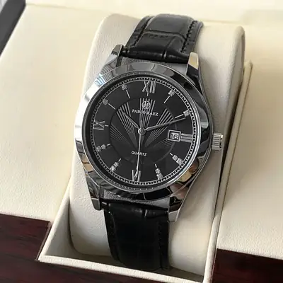 Men's Quartz Watch with Leather Belt, Silver Dial, 10W