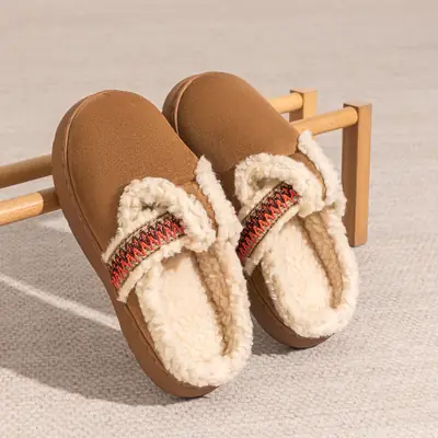 Woven Strap Birkenstock-Style Cotton Slippers for Women, Winter 2026 New Model, Indoor Home Warm Plush Slippers for Autumn and Winter
