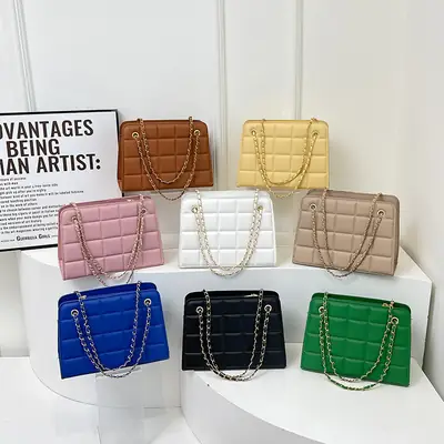 Black Chain Shoulder Bag with Square Quilted Design
