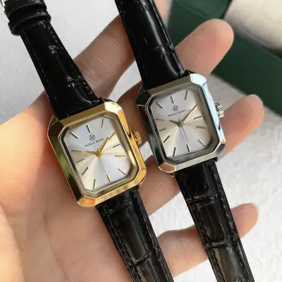 Women's Square Watch Gold Black Leather Quartz Wristwatch